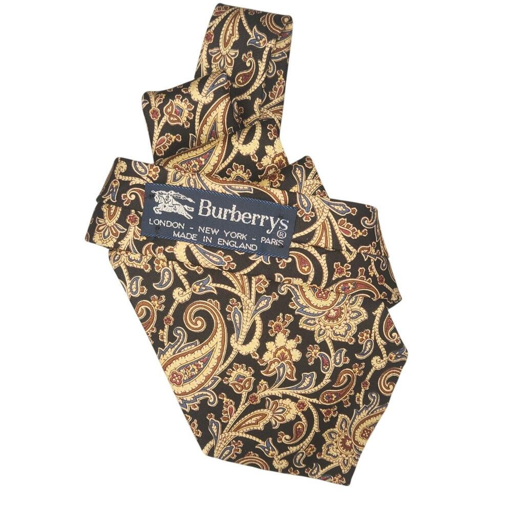 Rare BURBERRYS ORIGINAL LOGO Silk Tie Black Tan Paisley Excellent Burberry exc.